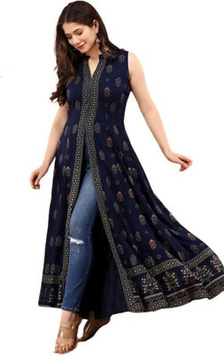 Gamyam Women Printed Frontslit Kurta(Dark Blue)