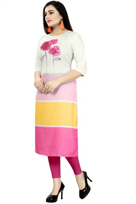 Hiral Creation Women Colorblock Straight Kurta(White, Pink, Orange)