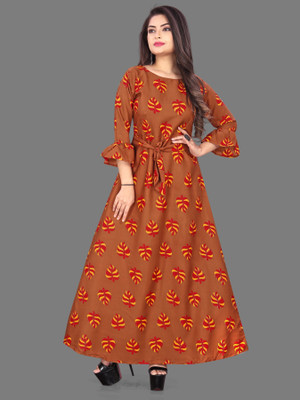 maruti fab Women Floral Print Anarkali Kurta(Brown)
