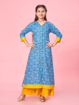 Aarika Girls Printed Straight Kurta(Blue, White, Yellow)