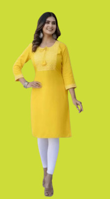 Rajvirhan Women Embroidered Straight Kurta(Yellow)