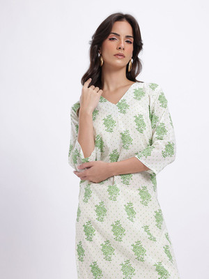 Anouk Rustic Women Floral Print Straight Kurta(White, Green)