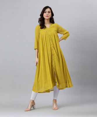 Janasya Women Woven Design Frontslit Kurta(Yellow)