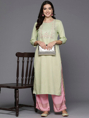 ANOUK Women Floral Print Straight Kurta(Green)