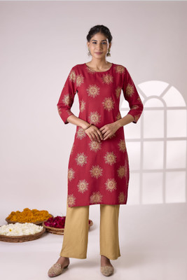 Surhi Women Printed Straight Kurta(Maroon, Beige)