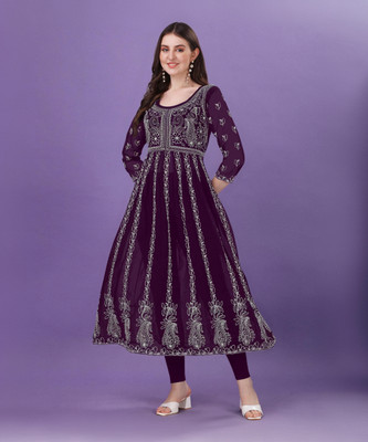 Omsaiarts Women Embroidered, Chikan Embroidery Anarkali Kurta(Purple, White)