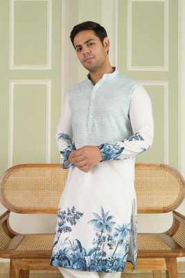 LEMONX Men Floral Print Straight Kurta(White)