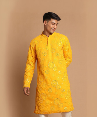 VASTRAMAY Men Embroidered Straight Kurta(Yellow)