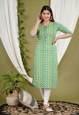 glassEdge Women Geometric Print A-line Kurta(Green)