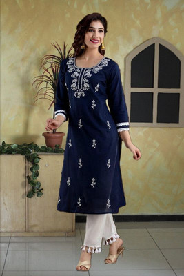 HouseOfCommon Women Chikan Embroidery Straight Kurta(Blue)