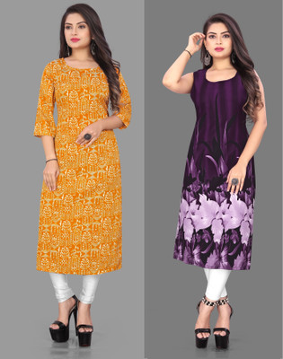 tanvi creation Women Floral Print Straight Kurta(Purple, Yellow)