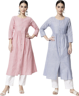 HouseOfCommon Women Striped Ethnic Dress Kurta(Light Blue, Pink, White)