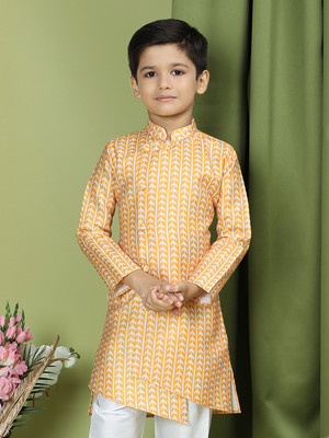 Tabard Boys Printed Straight Kurta(Beige, White)