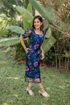 jacero Women Floral Print A-line Kurta(Blue)