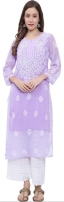 CHIKANKARI BY KK Women Chikan Embroidery Straight Kurta(Purple)