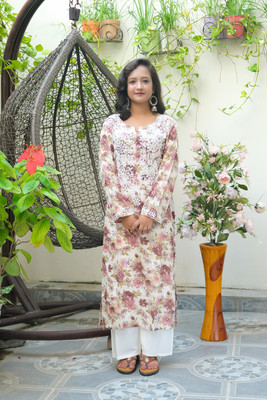 Elegance Hub Women Floral Print, Chikan Embroidery A-line Kurta(Purple)