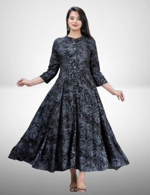 PSFabrics Women Floral Print Flared Kurta(Black)