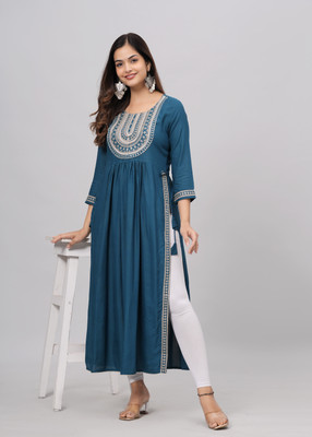TANTANATAN Women Embroidered Trail Cut Kurta(Light Blue)