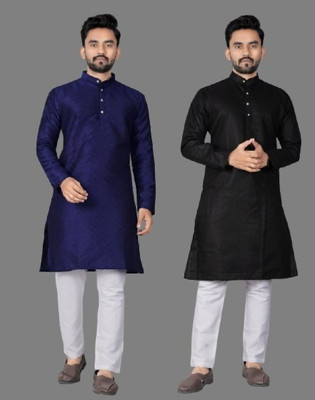 DHASU TRENDZ Men Self Design, Solid Straight Kurta(Black, Dark Blue)