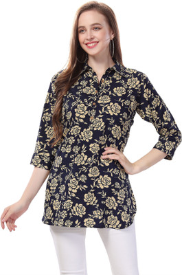 Anmi Versatile and Stylish Blue Short Tunic Top for Women Floral Print Women Straight Kurta(Blue)