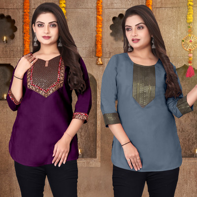 FSR Women Solid A-line Kurta(Purple, Grey)