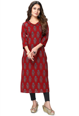 Rajnandini Women Printed Straight Kurta(Maroon)