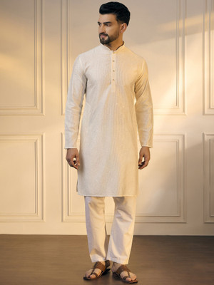ANOUK Men Geometric Print Straight Kurta(White)