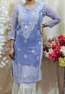 ChikankariArts Women Chikan Embroidery A-line Kurta(Blue)