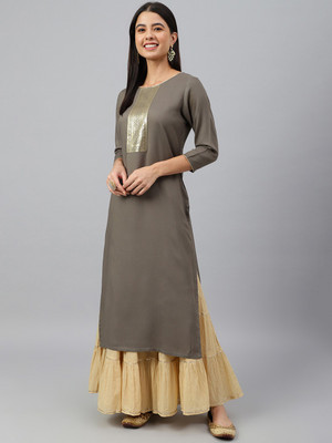 Janasya Women Solid Straight Kurta(Grey)