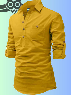 Classycollar By Liferoads Men Solid Pathani Kurta(Yellow)
