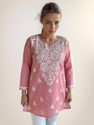 Elaasa Women Chikan Embroidery Straight Kurta(Pink)