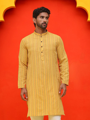 Anouk Rustic Men Striped Straight Kurta(Yellow)