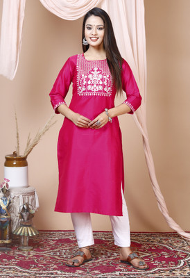 Geeta Fashion Women Embroidered A-line Kurta(Pink)