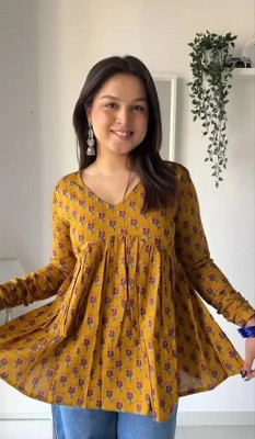 Fyunl Women Printed Straight Kurta(Yellow)