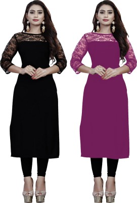 Dream Beauty Fashion Women Self Design Straight Kurta(Purple, Black)