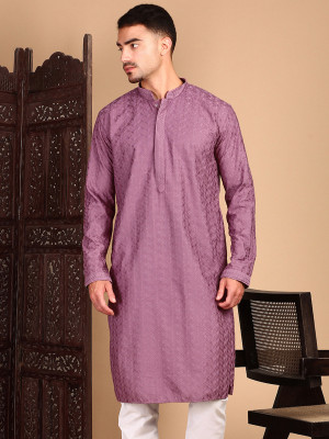 House of Pataudi Men Solid Straight Kurta(Purple)