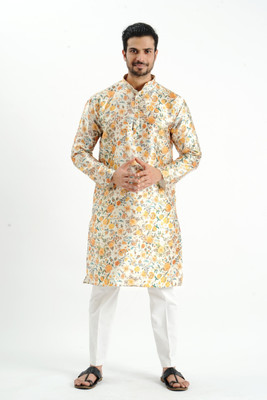 JODIDAR Men Printed Straight Kurta(White)