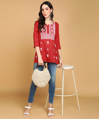 TOP N THREAD Women Chikan Embroidery, Embroidered, Self Design A-line Kurta(Red)