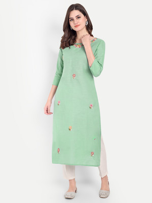 4U Fashion Women Solid Straight Kurta(Green)