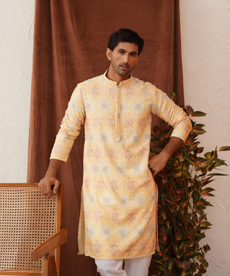 Jompers Men Self Design Straight Kurta(Yellow)