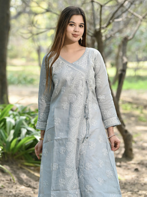 Chikirpolo Women Chikan Embroidery A-line Kurta(Grey)