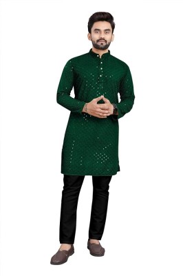 StyleVault Men Chikan Embroidery Straight Kurta(Green)