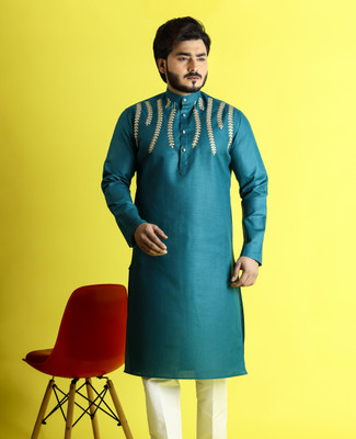 Tibra Collection Men Embroidered Straight Kurta(Dark Green)