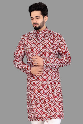 MENTIFIC Men Printed Straight Kurta(Red)