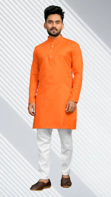 M Biswas Men Solid A-line Kurta(Orange)