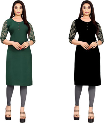 HOFC Women Solid Straight Kurta(Dark Green, Black)