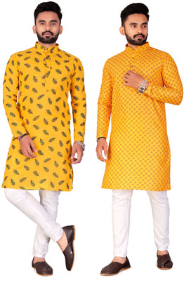FRELURO Men Printed Straight Kurta(Yellow)