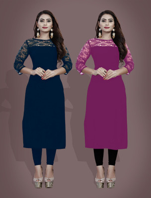 Maheshvi Women Self Design Straight Kurta(Dark Blue, Purple)