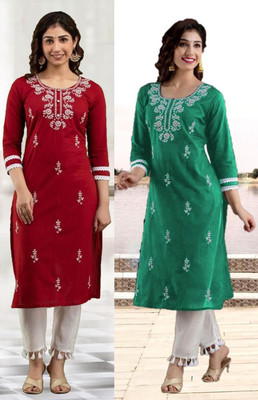 vikshi Women Chikan Embroidery Straight Kurta(Multicolor)