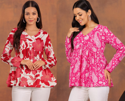 CLANGER Women Floral Print Flared Kurta(Pink)